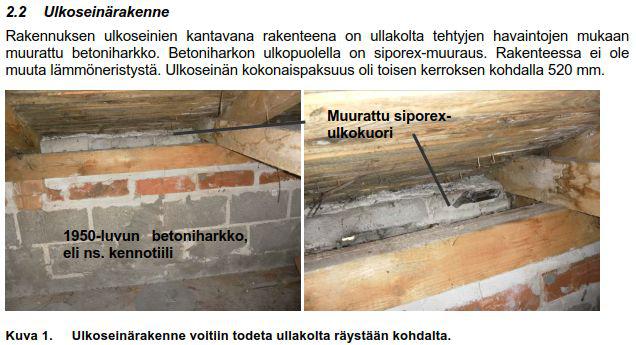 Nahkialan koulu, 1951. Rapatuissa 1950-luvun kouluissa ulkoseinän rakenne saattaa olla parhaiten nähtävillä ullakon kautta.