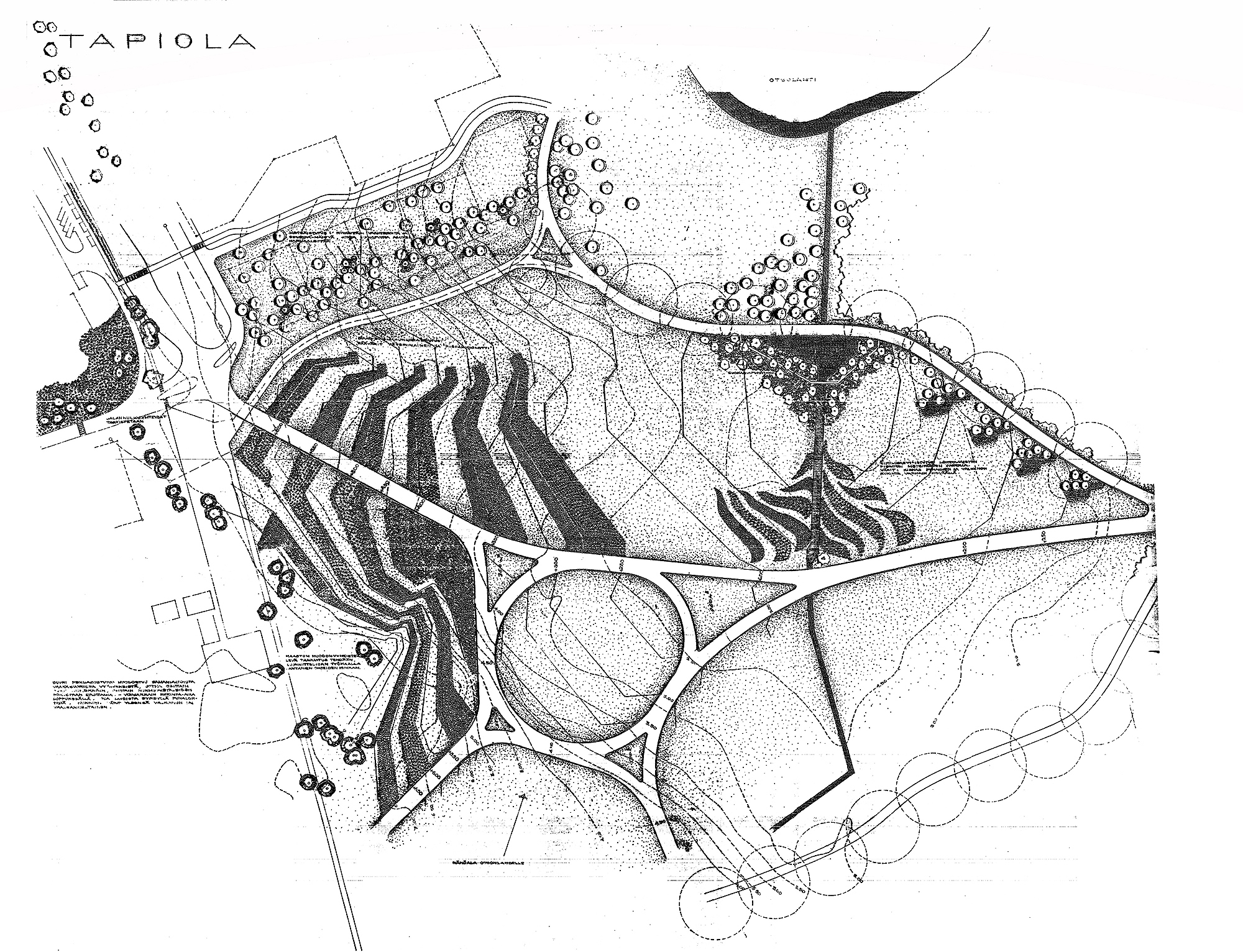 Suunnitelmapiirustus kiertoliittymästä ja sen viereen suunnitelluista geometrisista istutuksista.