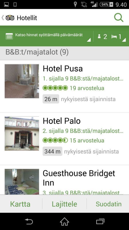 Trip Advisor -sovelluksen avulla voi etsiä esimerkiksi majoituspaikkaa ja lukea muiden matkailijoiden arvosteluja kohteesta.